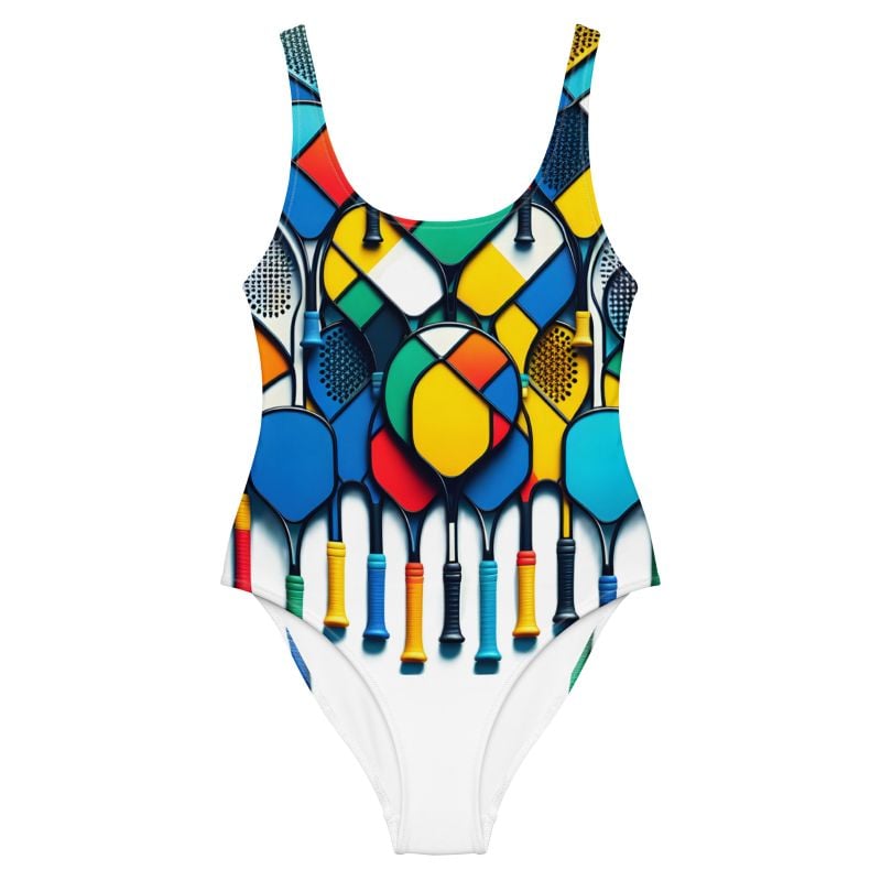 The Cartoon Series (Painted Rackets) One Piece Swimsuit multi colored front art concierge clothing 2