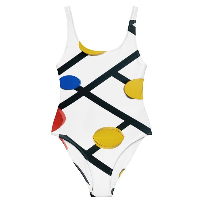 The Colored Dots One Piece Swimsuit blue green black and white front art concierge clothing jpg
