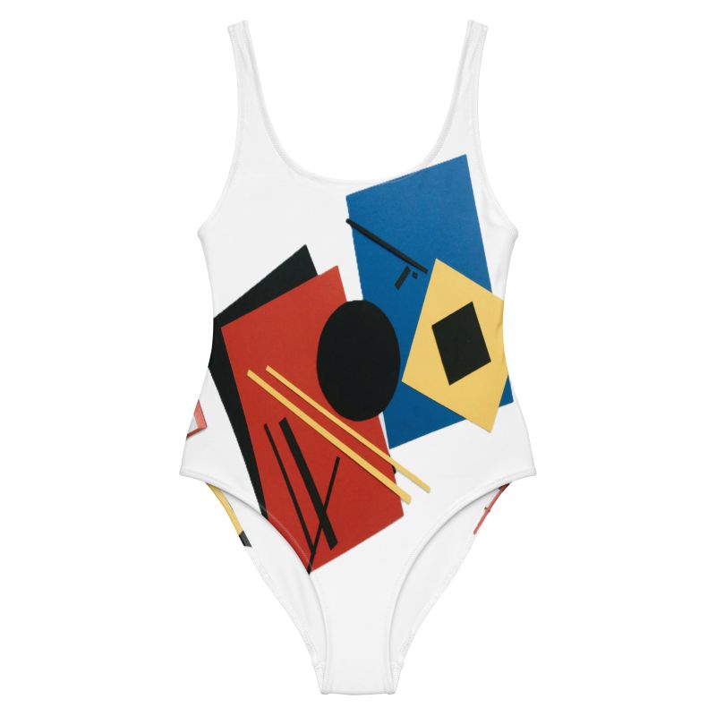 The Geometric Abstract One Piece Swimsuit blue red black and white front art concierge clothing jpg