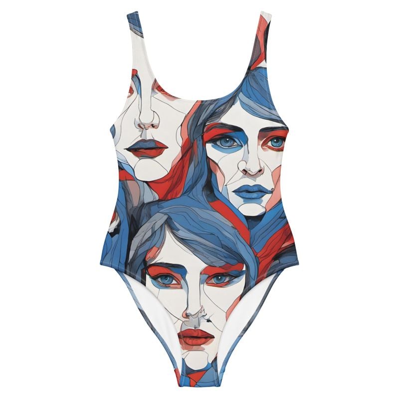 The Art Series (60's Faces) One Piece Swimsuit blue red and white front art concierge clothing