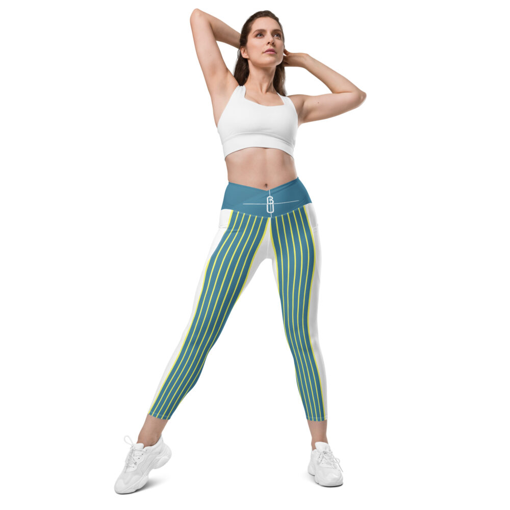 The Stripes Series (Dirty Blue) Crossover Yoga Leggings white front art concierge clothing jpg