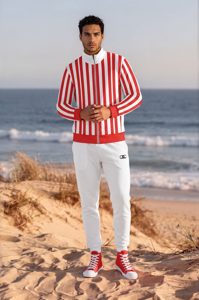 Zayan Duneline Break The Stripes Series (Ferrari Red) track jacket fleece joggers canvas high tops Ferrari red white black front art concierge clothing jpg