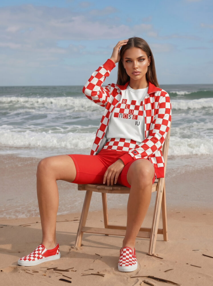 Skyler on the Beach The Nautical Series (Bluenose IV) Red Track Jacket Champion T-shirt Biker Shorts Canvas Deck Shoes blue white front art concierge clothing JPG