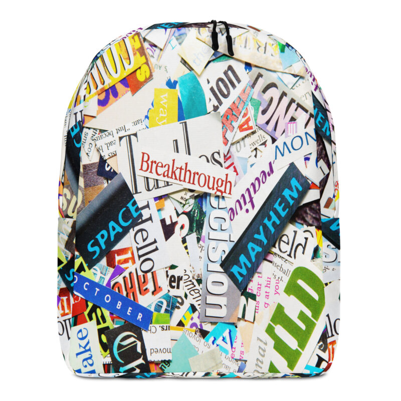 The Headlines Minimalist Backpack blue, yellow, red and white front art concierge clothing jpg