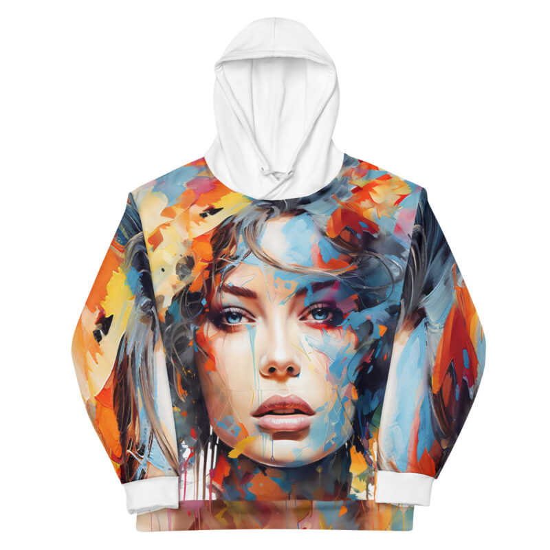 the Art Series (Lady in Water Colors) hoodie red, light blue, black and white front art concierge clothing jpg