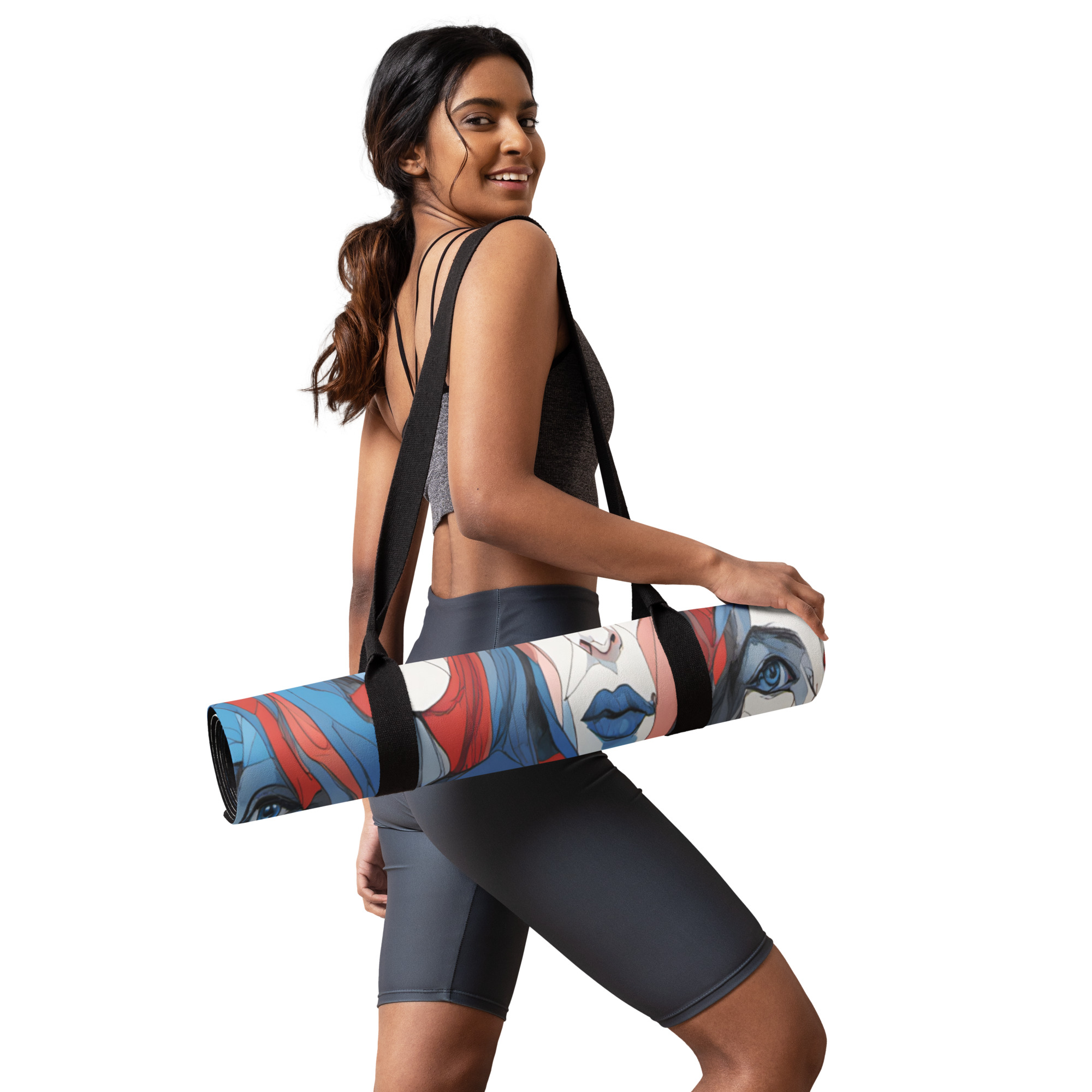 60's faces yoga mat blue and white front art concierge clothing jpg