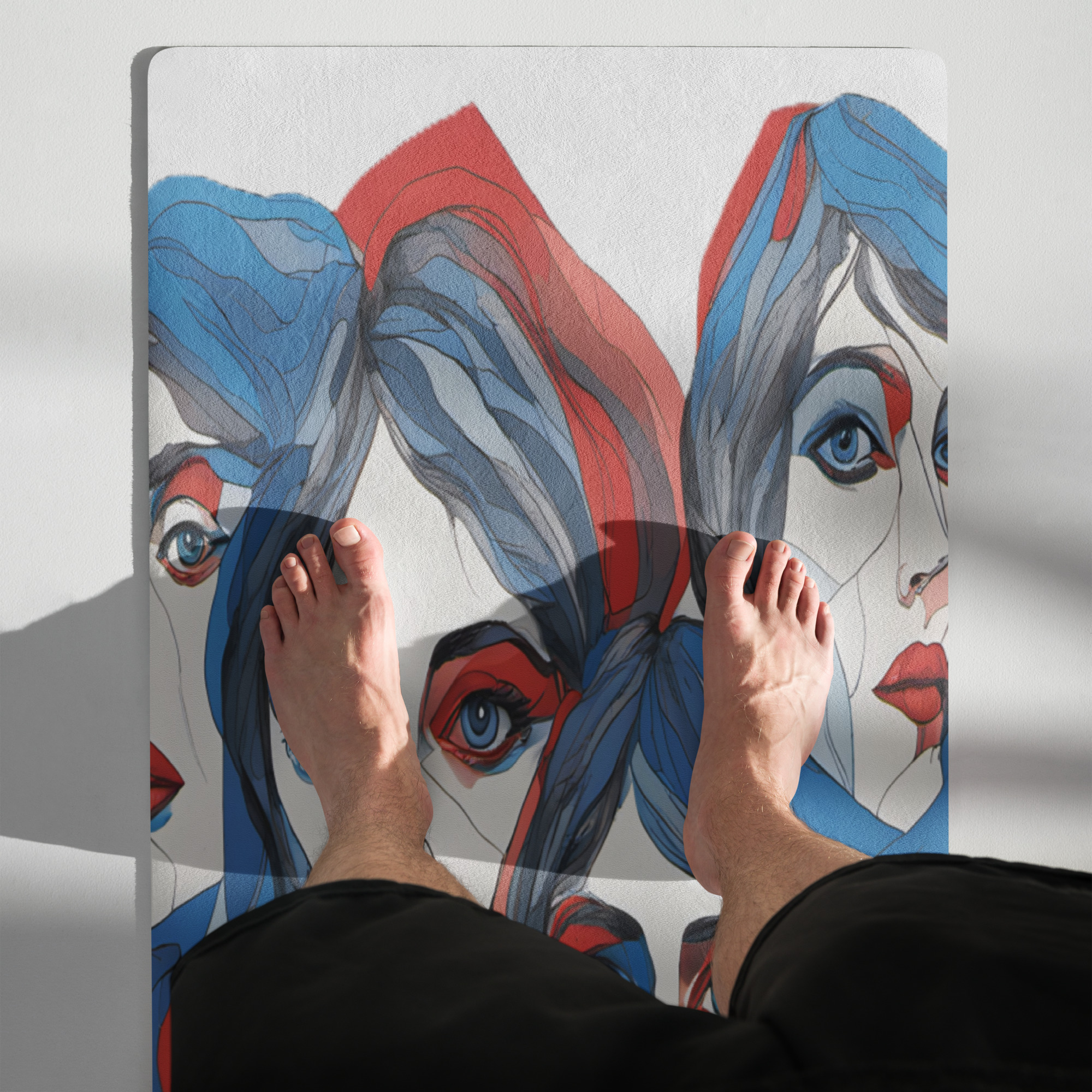 60's faces yoga mat blue and white front art concierge clothing jpg