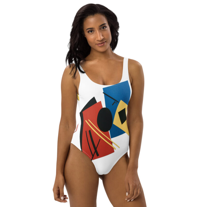The Geometric Abstract One-Piece Swimsuit blue, red, black and white front art concierge clothing jpg