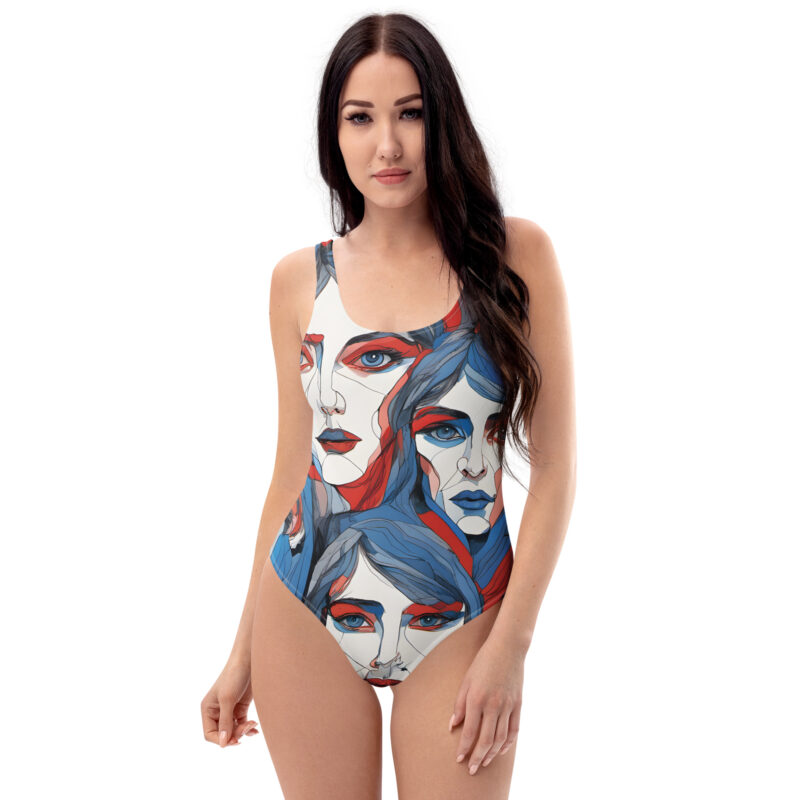 The 60's Faces One-Piece Swimsuit blue, red and white front art concierge clothing jpg