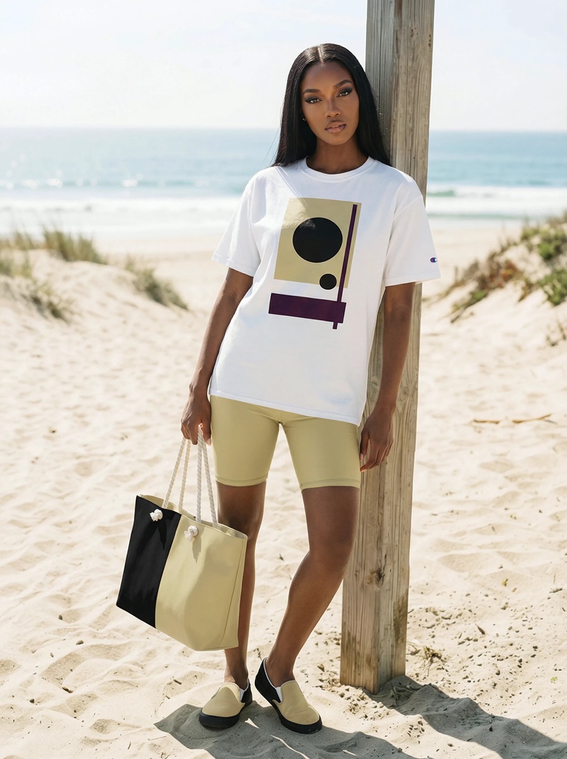 Imogen on the beach bauhause series champion t shirt swim trunks canvas deck shoes tan black white front art concierge clothing