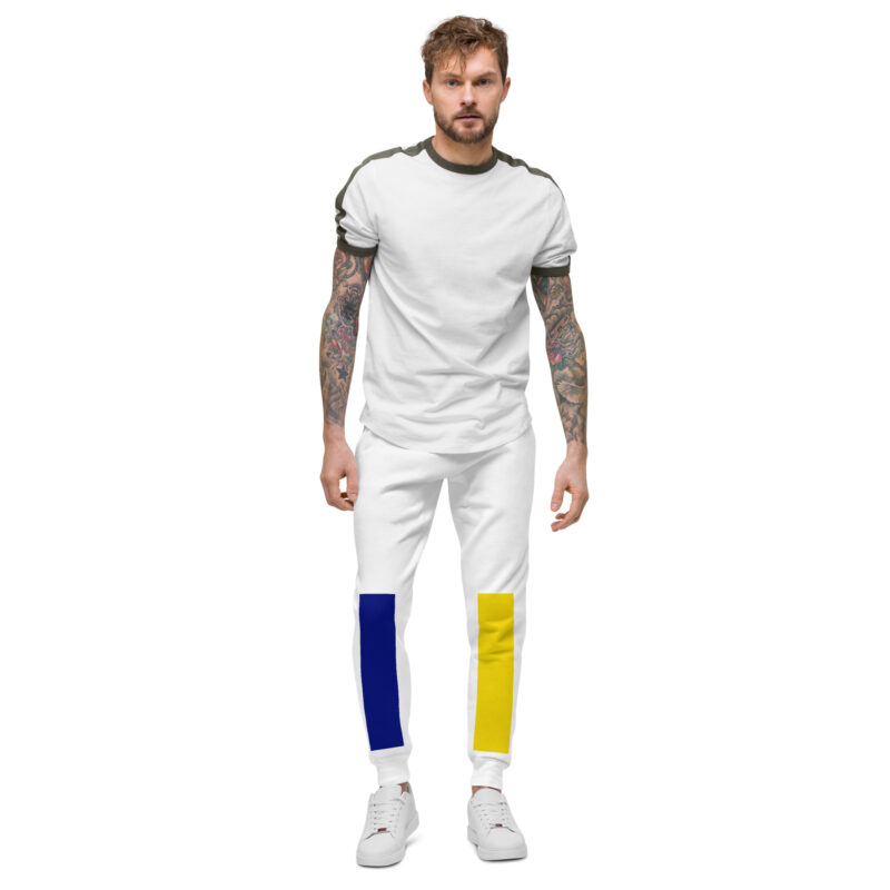 The Bauhaus (Blue and Gold) Fleece Sweatpants blue, gold and white front art concierge clothing jpg