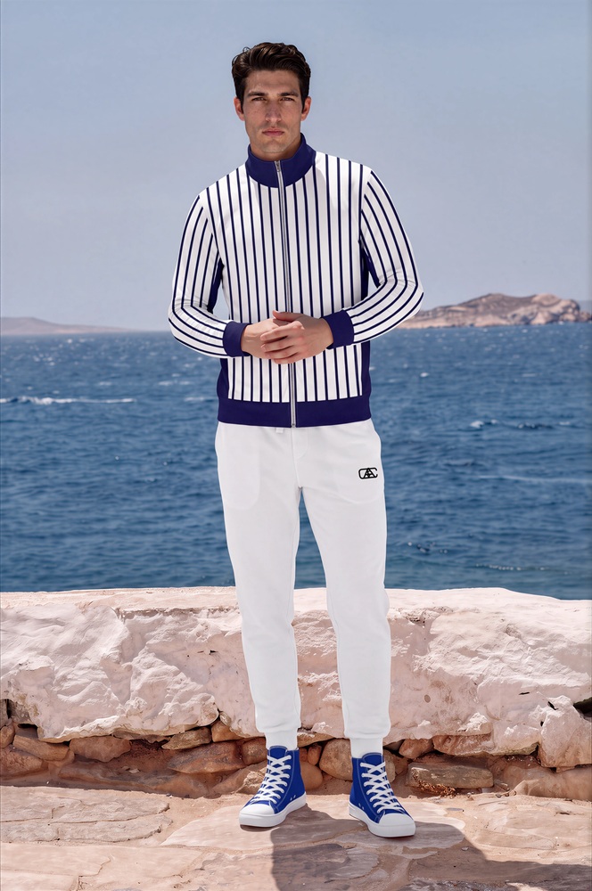 Elis Azure Coast The Stripes Series (Vertical White) Track Jacket Fleece Joggers Canvas High Tops Blue white front art concierge clothing JPG