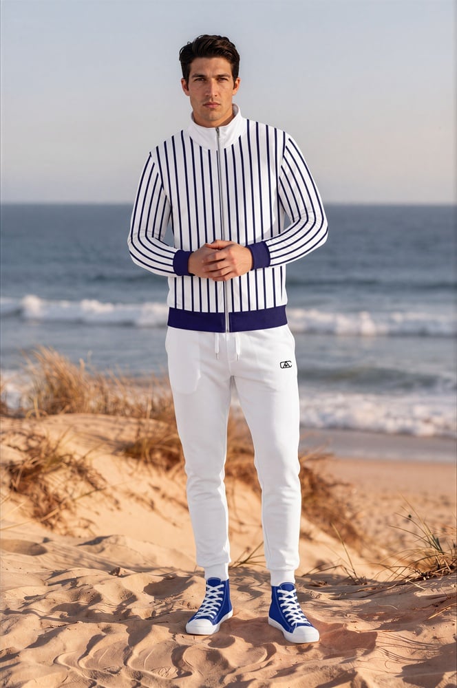 Elis Duneline Break the stripes series (vertical white) track jacket yoga leggings canvas deck shoes navy white black front art concierge clothing JPG
