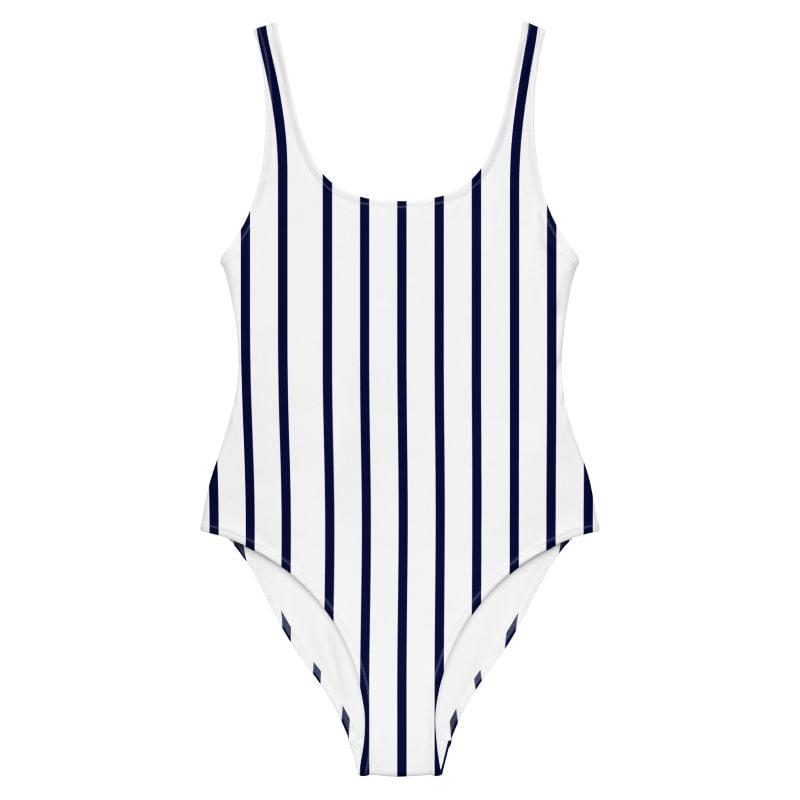 The Stripes Series (Vertical White) One Piece Swimsuit blue and white front art concierge clothing jpg