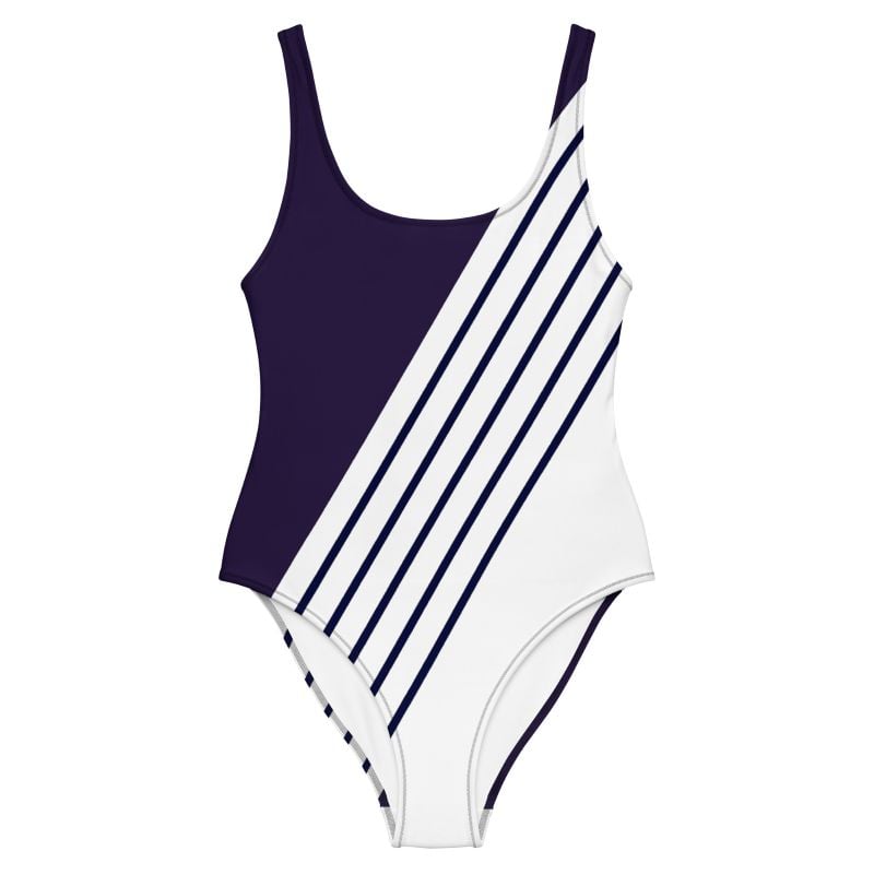 The Stripes Series (Vertical White with Navy) One Piece Swimsuit navy blue white front art concierge clothing jpg