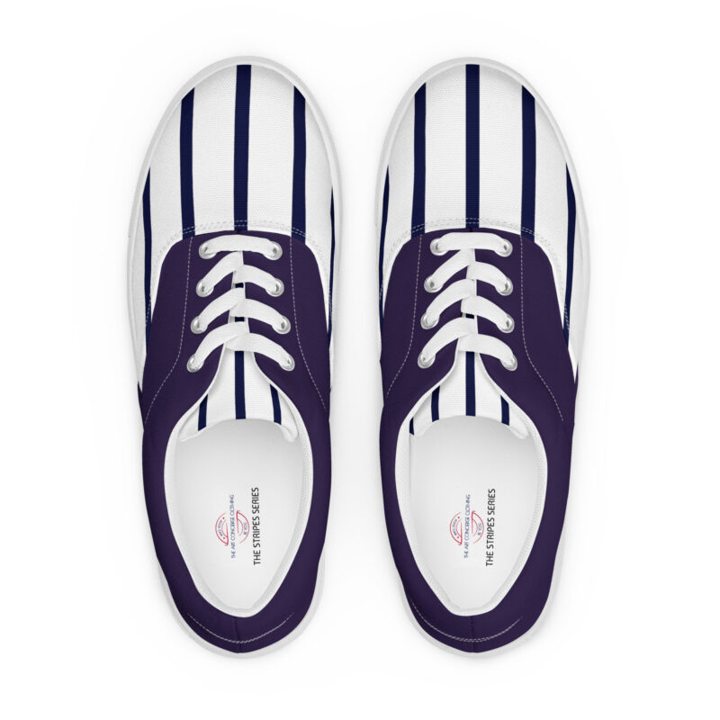 The Stripes Series (Vertical White) Men’s Lace-up Deck Shoes navy and white front art concierge clothing jpg