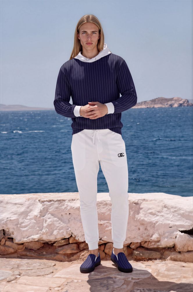 Bodhi Azure Coast Callum Azure Coast The Stripes Series (Pinstripes) hoodie jogging pants canvas deck shoes blue white front art concierge clothing JPG