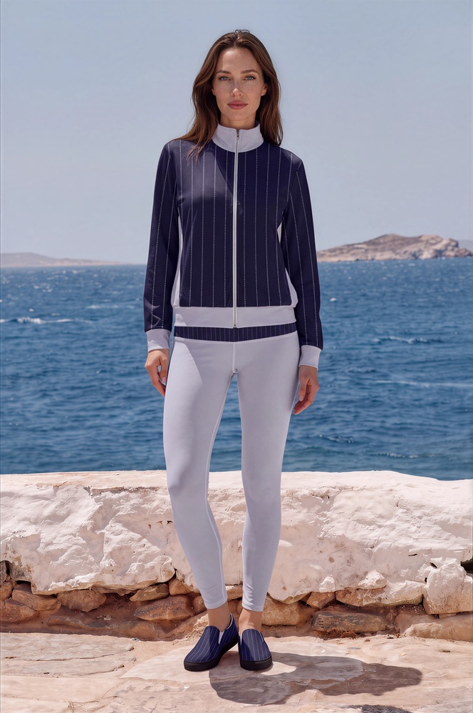 Diane Azure Coast The Stripes Series (Pinstripes) track jacket yoga leggings canvas deck shoes blue pinstripes white front art concierge clothing jpg