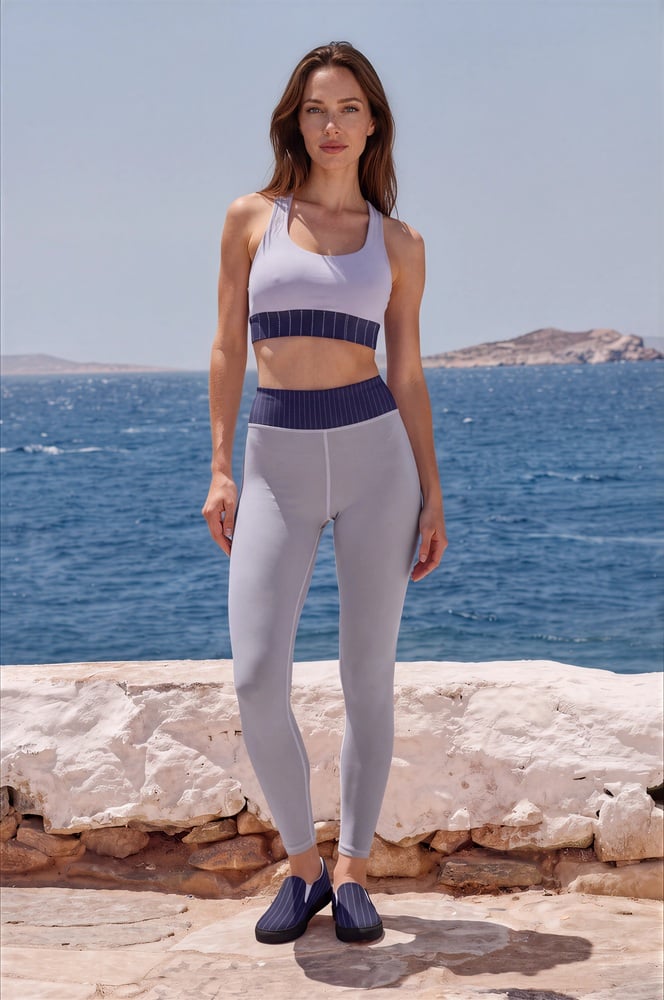 Diane Azure Coast The Stripes Series (Pinstripes)longline sports bra yoga leggings canvas deck shoes blue pinstripes white front art concierge clothing jpg