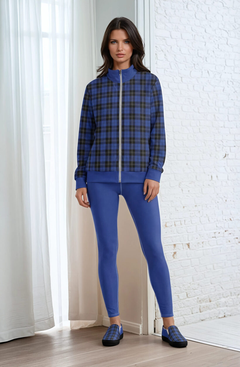Natalia Lofty Look Natalia Lofty Look The Tartan Series (House of Wales) blue tartan track jacket yoga leggings canvas deck shoes front art concierge clothing jpg
