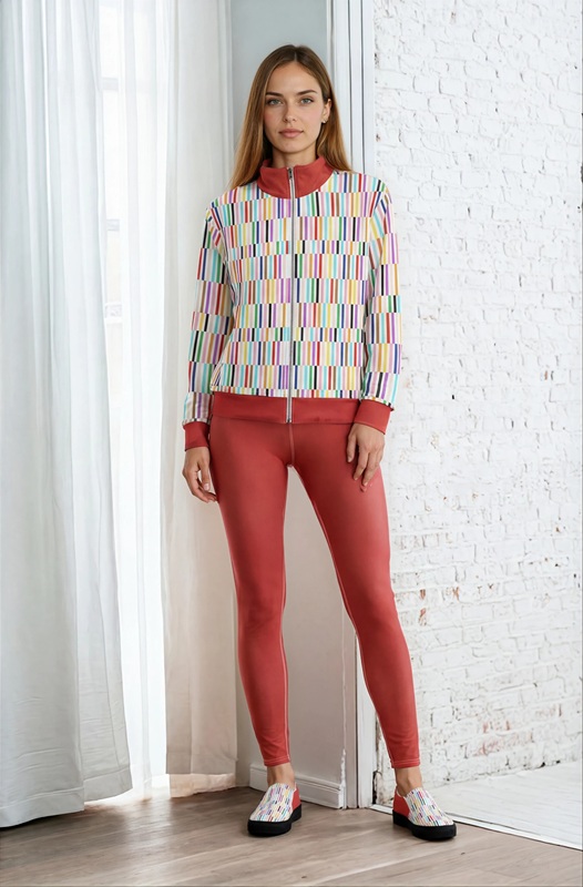 Nora Lofty Look The Art Series (Multi-Colored Lines) track jacket yoga leggings canvas deck shoes red white multi colors front art concierge clothing JPG