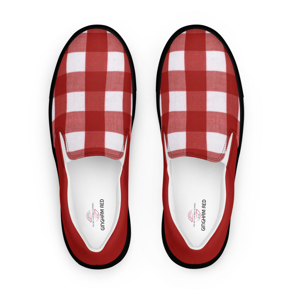 The Stripes Series (Gingham Red) Men’s Slip-on Canvas Shoes red and black front art concierge clothing jpg