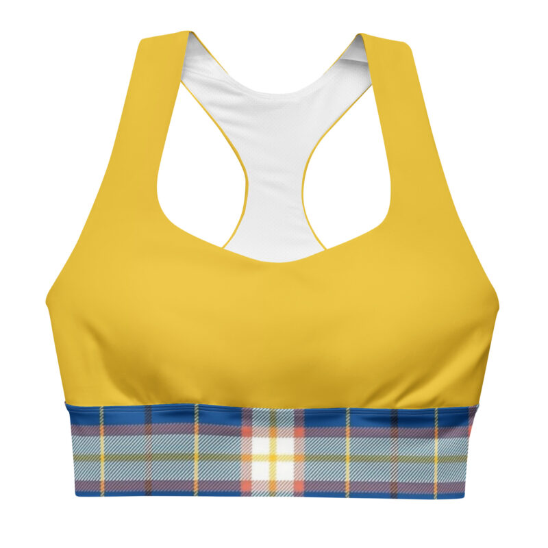 The Tartan Series (Gasperie) Longline Sports Bra gold, blue and white front art concierge clothing jpg