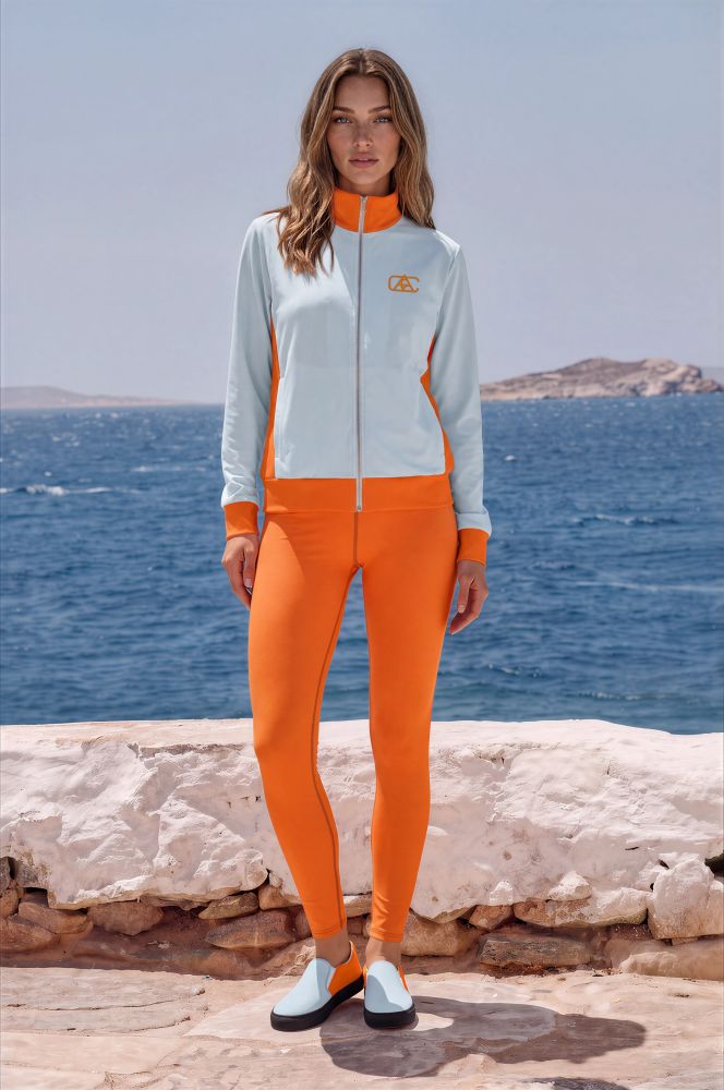 Céline Azure Coast The Bauhaus Series (Ice Blue and Friends) track jacket yoga leggings canvas deck shoes ice blue persimmon front art concierge clothing JPG