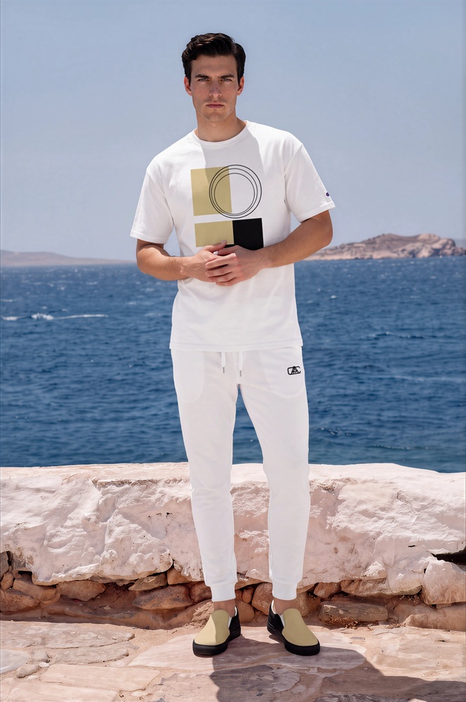 Dean Azure Coast The Bauhaus Series (Khaki and Black) Champion T Shirt fleece joggers canvas decks shoes khaki black white front art concierge clothing