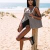 Imogen The Tartan Series (Glenn Plaid) One Piece Swimsuit weekender bag canvas deck shoes brown grey front art concierge clothing JPG