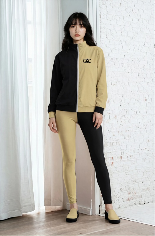 Lina Lofty Look The Bauhaus Series (Khaki and Black) track jacket yoga leggings canvas deck shoes khaki black front art concierge clothing JPG