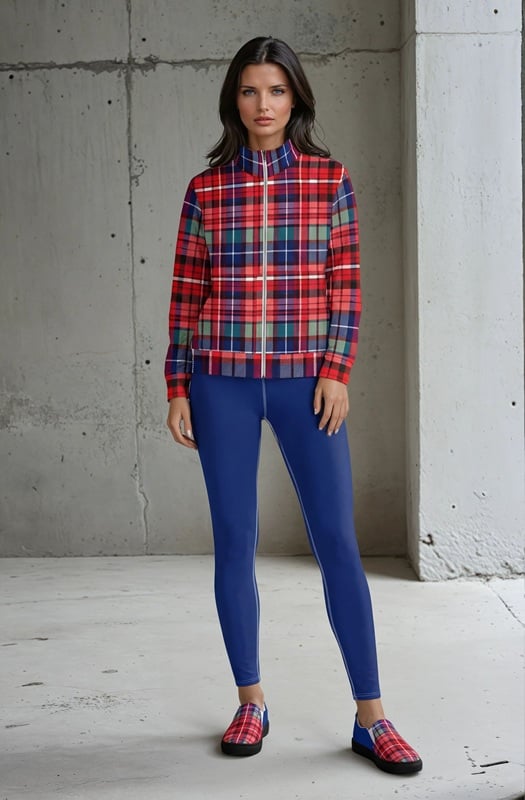 Natalia Concrete Chic The Tartan Series (Macpherson) Track Jacket yoga leggings canvas deck shoes red blue front art concierge clothing JPG