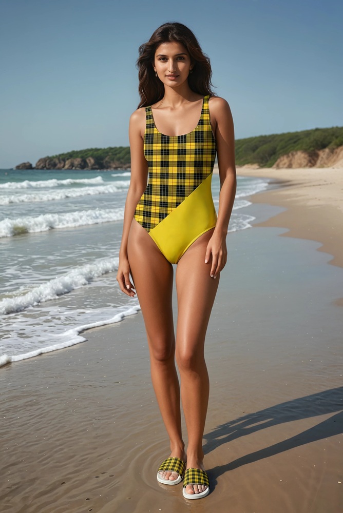 Riva Ocean Breeze The Tartan Series (MaCleod) One-Piece Swimsuit slides yellow black front art concierge clothing jpg