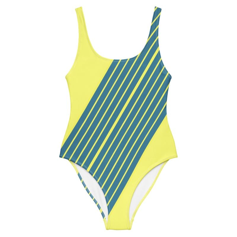 The Stripes Series (Dirty Blue) One Piece Swimsuit yellow green front art concierge clothing JPG
