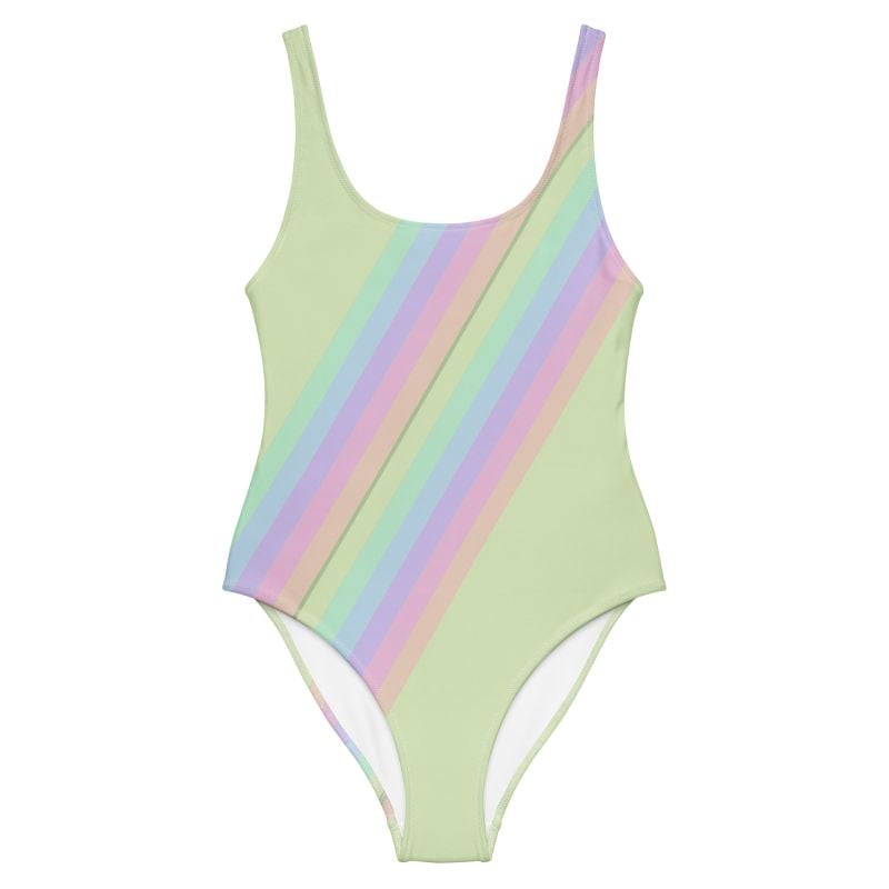 The Stripes Series (Lime Cream) One Piece Swimsuit blue tan front art concierge clothing JPG