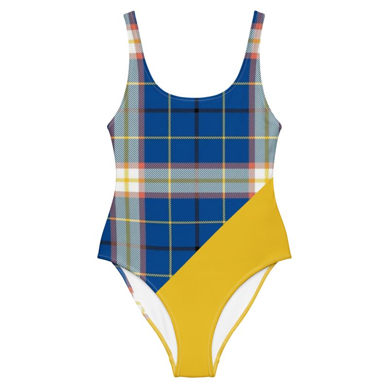 The Tartan Series (Gasperie) One Piece Swimsuit blue and yellow tartan front art concierge clothing jpg