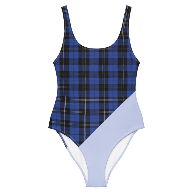 The Tartan Series (House of Wales) One Piece Swimsuit blue black pink front art concierge clothing jpg