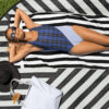 The Tartan Series (House of Wales) One piece swimsuit blue tartan front art concierge clothing JPG