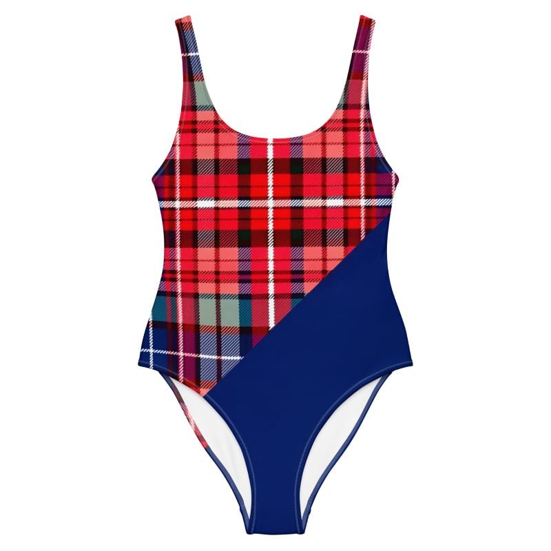 The Tartan Series (Macpherson) One Piece Swimsuit red and blue tartan front art concierge clothing jpg