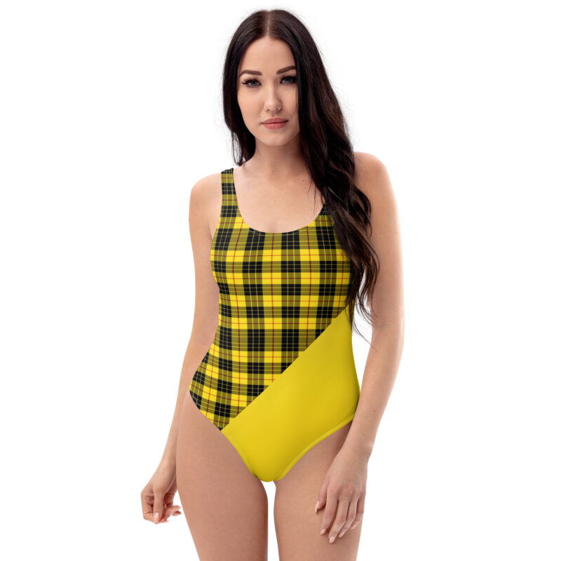 The Tartan Series (MaCleod) One-Piece Swimsuit yellow and black tartan front art concierge clothing jpg