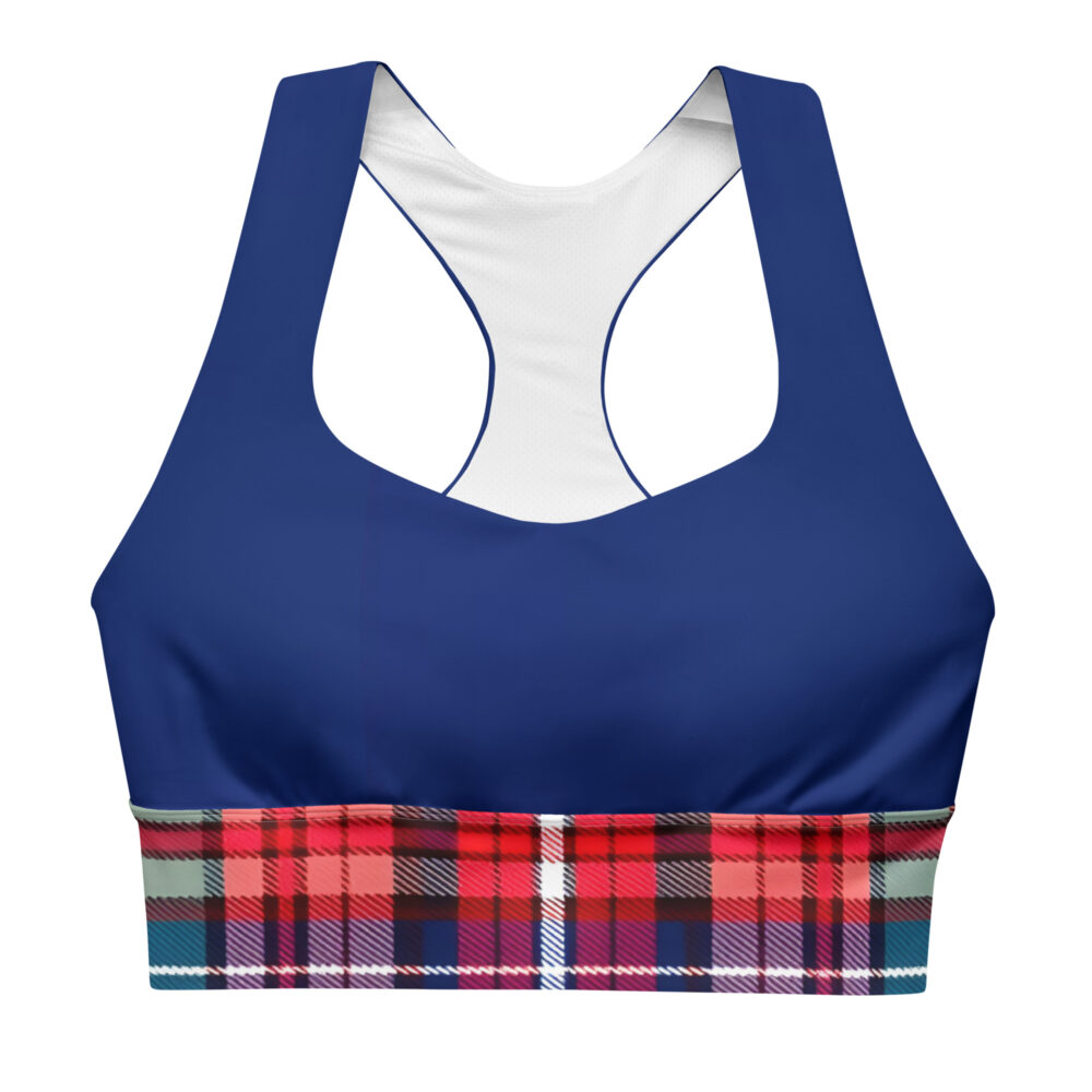 The Tartan Series (Macpherson) Longline Sports Bra blue, red and white front art concierge clothing jpg