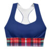 The Tartan Series (Macpherson) Longline Sports Bra blue, red and white front art concierge clothing jpg