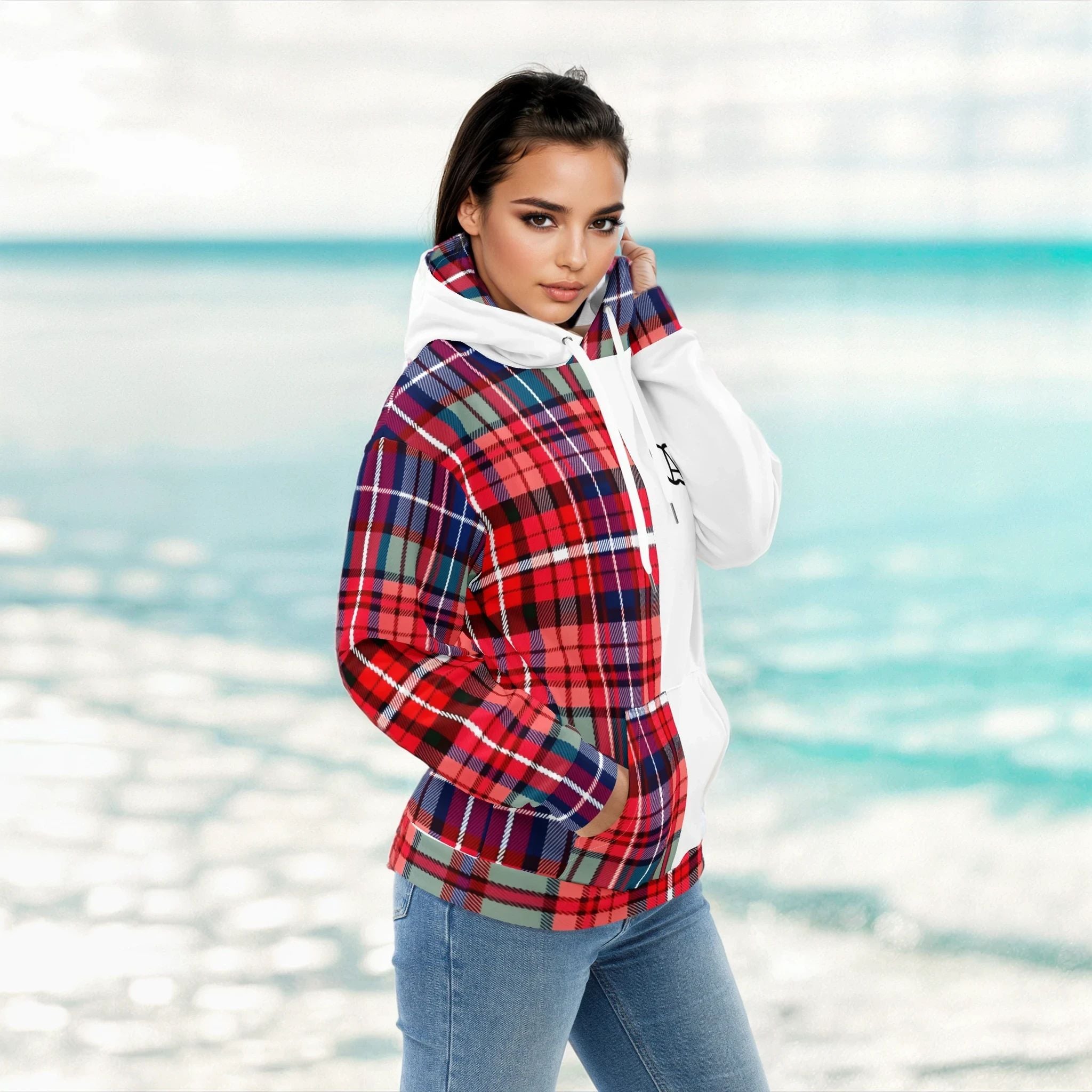 hoodie in red and blue tartan, red and blue front art concierge clothing jpg