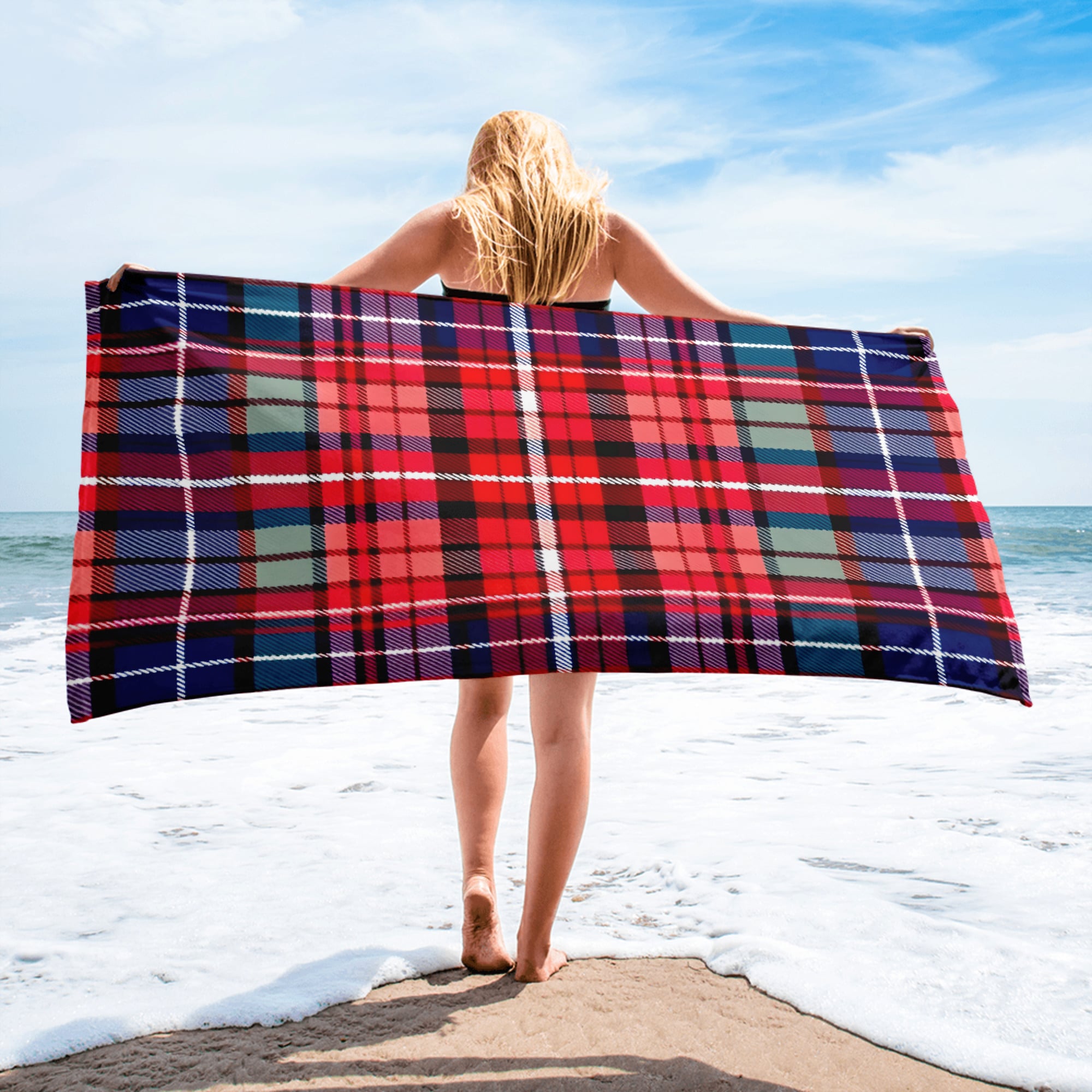 beach towel in red and blue tartan, red and blue front art concierge clothing jpg