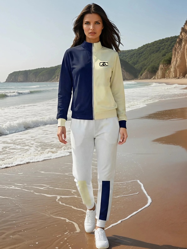 Natalia Concrete Chic The Bauhaus Series (Cream and Navy Blue) Hoodie Fleece Sweat Pants and canvas deck shoes cream navy blue front art concierge clothing JPG