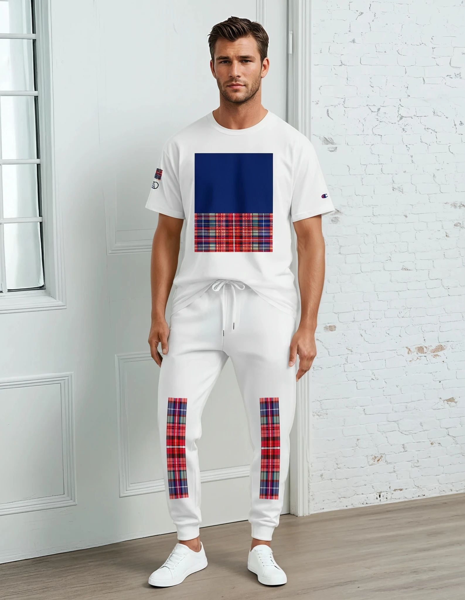 champion t shirt and joggers in red and blue tartan, red and blue front art concierge clothing jpg