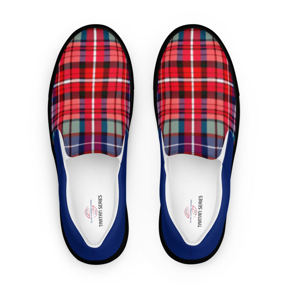 The Tartan Series (Macpherson) Women’s Slip-on Canvas Shoes blue, red and black front art concierge clothing jpg