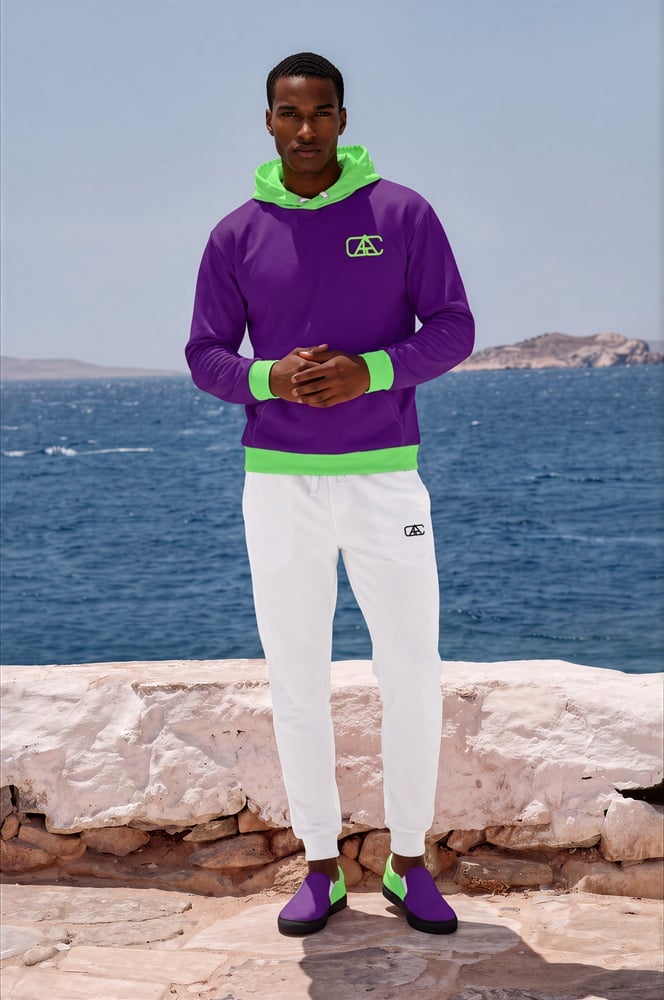 Adrian Azure Coast The Bauhaus Series (Royal Purple and Lime) Hoodie Fleece Joggers Canvas Deck Shoes royal purple lime green white front art concierge clothing JPG Adrian Azure Coast The Bauhaus Series (Royal Purple and Lime) Hoodie Fleece Joggers Canvas Deck Shoes royal purple lime green white front art concierge clothing JPG