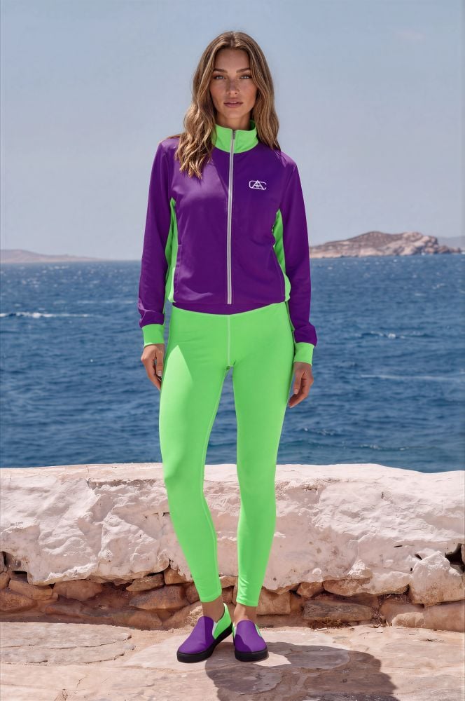 Céline Azure Coast The Bauhaus Series (Royal Purple and Lime) Track Jacket Yoga Leggins Canvas Deck Shoes royal purple lime green front art concierge clothing