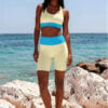 Imogen Limestone Rocks The Bauhaus Series (Cream and Deep Blue Sky) Longline Sports Bra biker shorts canvas deck shoes cream sky blue front art concierge clothing JPG